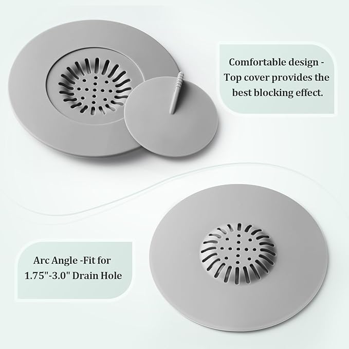 Bathtub Stopper,3pcs 2-in-1 Bathtub Drain Hair Catcher,Silicone Kitchen Bathroom Shower Water Strainer Protectors,Universal Flat Suction Shower Drain Cover,Washbasin Drain Stopper (GreyWhiteBlack)