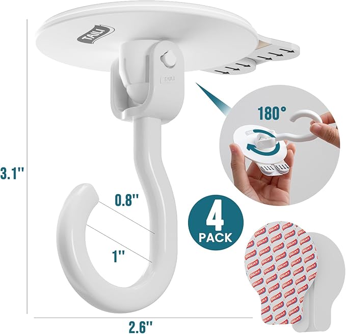 TAILI Adhesive Ceiling Hooks for Hanging Plants, Heavy Duty No-Drill Removable Sticky Wall Hooks Hanging Christmas Lights Garland Coat for Door Kitchen, Renter Friendly - 4 Pack White