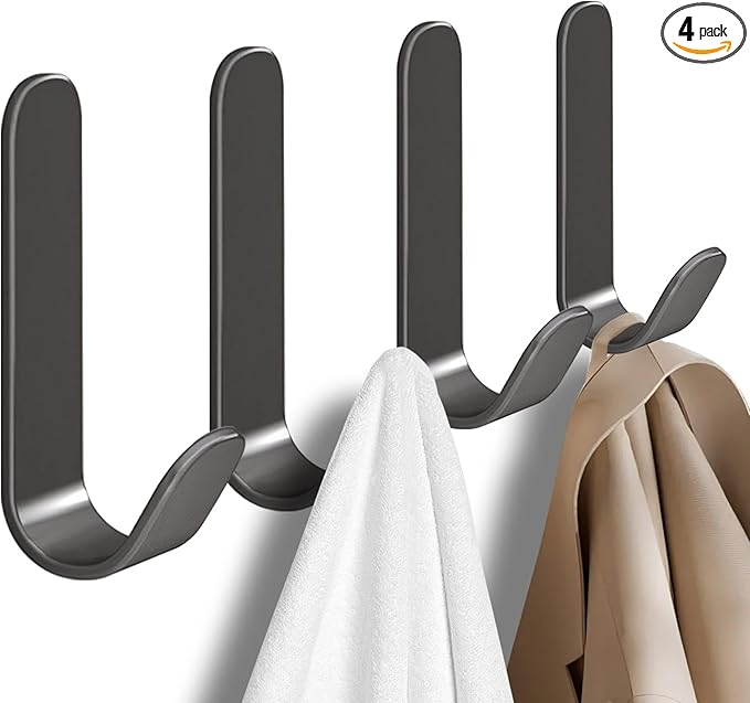 4 Pcs Adhesive Towel Hooks for Shower, Bathroom, Kitchen, Robe, Towel, Coat，Shower Hooks，Wall Hook Stick On Bathroom（Steel,Dark Gray）