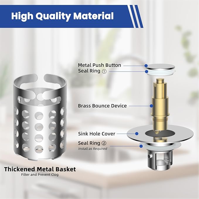 Universal Bathroom Sink Drain Strainer Hair Catcher 3PCS Upgraded with Removable Stainless Steel Filter Basket, 3 in 1 Pop Up Sink Stopper for 1.1''~2.36'' Sink Basin Hole, Chrome