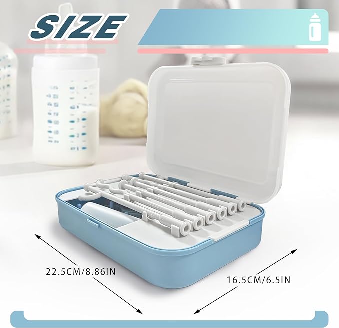 Baby Bottle Brush Set, Baby Bottle Cleaner Kit with Silicone Brush, Nipple Brush, Straw Brush, Soap Dispenser, Bottle Drying Rack, Storage Box, 7 in 1 Bottle Cleaning Tool for Home and Travel