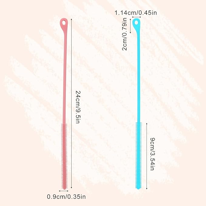 2pcs Silicone Straw Cleaner Brush, 9.44in Extra Long Reusable Straw Brush for Stanley, Metal, Glass Straws, Bendable Travel Drinking Bottle Lid Cleaning Tool for Crevice Pipe Tube (Pink, Blue)