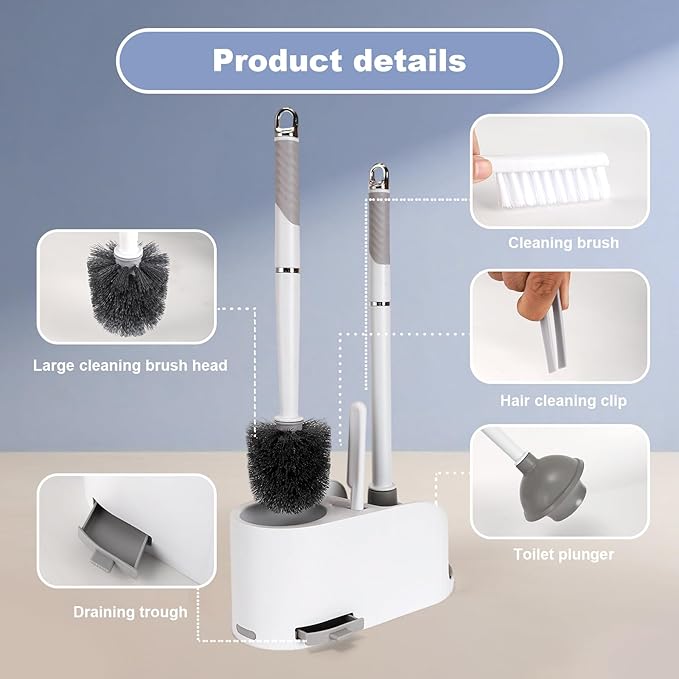 Toilet Brush and Plunger Set 4 in 1 Toilet Brush and Holder with Crevice Cleaning Brush and Clip Deep Cleaning, Wall Mounted Home Bathroom Cleaning Tool Combo （Gray 1）