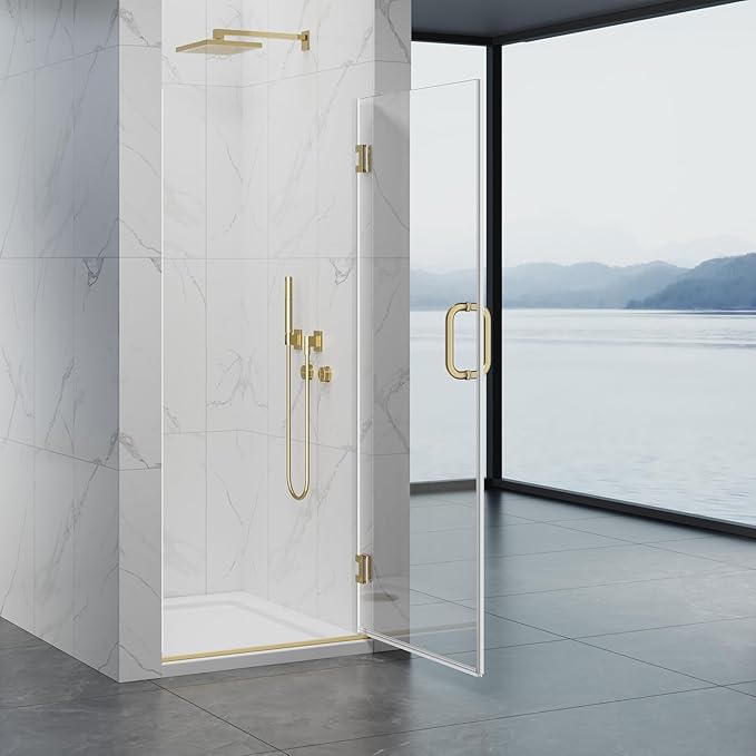 Framelss Hinged Shower Door, 30" W x 76" H Single Swing Shower Door, 3/8" (10mm) Tempered Glass with Nano Coating, 304 Stainless Handle, Glass Door for Walk-in Shower - L02-30 (Brushed Gold)