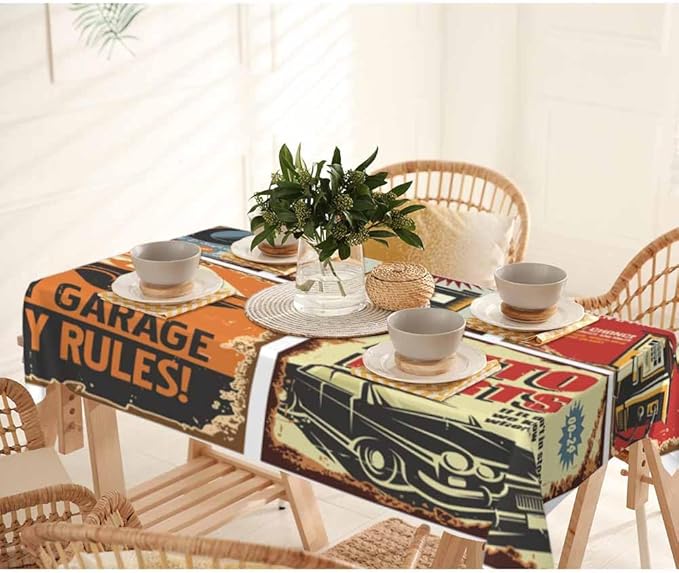 Vintage Car Tin Signs Table Linens 52x70 Old Rusty Posters Retro Auto Service Flyer Table Cloth Rectangle Table for Dining Kitchen Banquet Party Decorative Outdoor Picnic