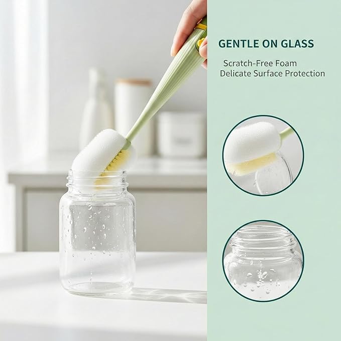 5 in 1 Bottle Lid Gap Cleaning Brush Set, Multifunctional Cup Cleaner for Baby Bottles, Drinking Cups & Straws, Modular & Detachable Design with Long Handle, Easy Rinsing (Green)