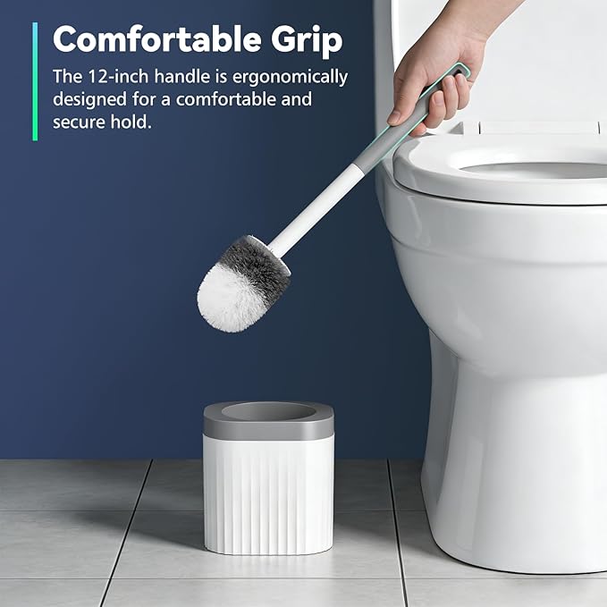 Toilet Brush, Compact Toilet Brush and Holder Set with Nylon Bristles 2 Pack Toilet Bowl Brush Small Hidden Scrubber Brushes for Bathroom Deep Cleaning, Grey & White