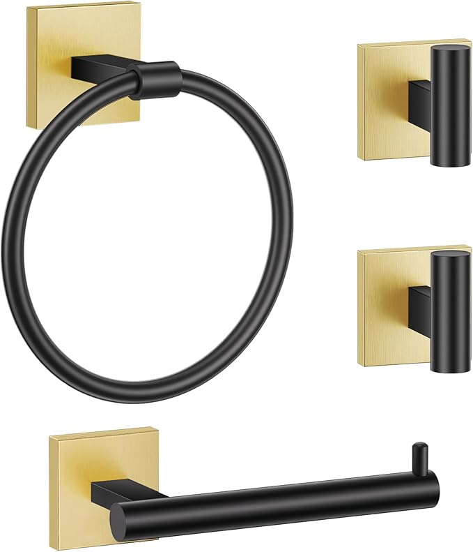 Towel Ring Set 4 Piece Bathroom Hardware Set Includes Towel Ring 2 Towel Hooks and Toilet Paper Holder Stainless Steel Wall Mounted (Black Gold)