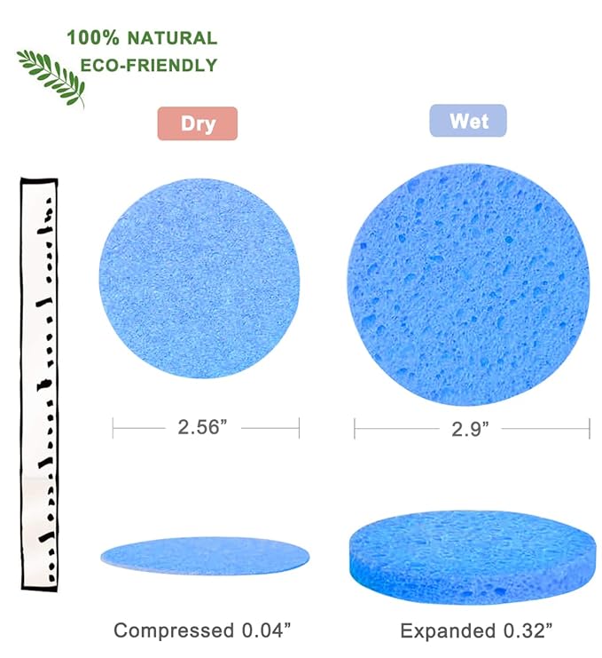 50-Count Compressed Facial Sponges for Daily Cleansing and Gentle Exfoliating, 100% Natural Cellulose Spa Sponge Perfect for Removing Dead Skin, Dirt and Makeup - Blue