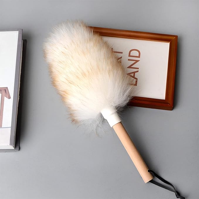 Feather Duster, Lamb swool Duster for Cleaning, Wooden Handle with Hanging Rope, Washable Reusable Small Hand Duster for Cleaning Wall Plant Desk, Blind Cleaner Duster Tool, 18CM