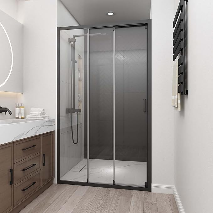 46" W x 78" H 3-Panels Sliding Shower Door, Shower Door Clear 6mm Tempered Glass with Matte Black Frame, 3-Panels Sliding Shower Easy to Clean,Three-Panel Synchronized Shower Sliding Door