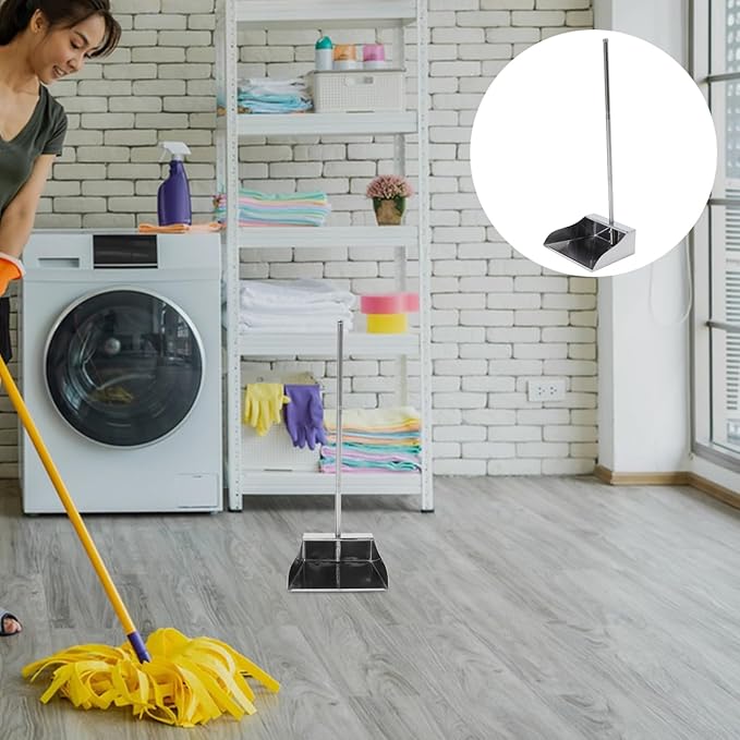 Cabilock Stainless Steel Upright Dustpan with Long Handle Heavy Duty Metal Dust Pan for Home Cleaning Floor Debris Removal 28.34X10.03X8.54 Inches No Bent Over Garbage Shovel