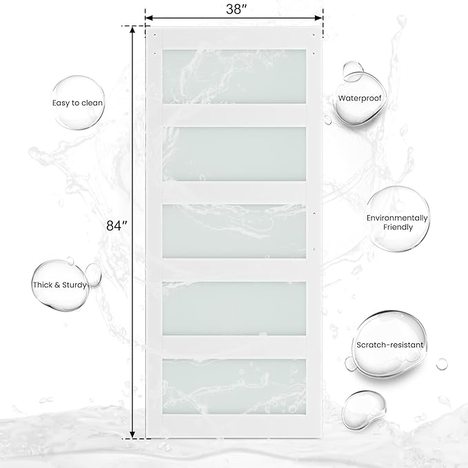 SmartStandard 38 x 84 in Glass Barn Door with 6.6FT Sliding Hardware Kit & Handle, Pre-Drilled Ready to Assemble, Waterproof PVC Coating, White, 5-Panel Glass