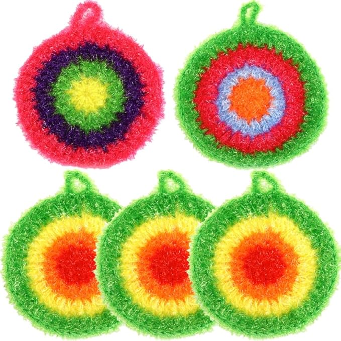 Garneck 5Pcs Dishwashing Towels Set Reusable Polyester Kitchen Cleaning Cloths Soft Round Dish Sponges Cleaning Scrubber with Hanging Loop for Dishes