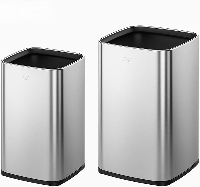 EKO 2-Pack Open Top Trash Can with Removable Inner Basket, Square Small Garbage Can, 1.8 + 3.2 Gallon Wastebasket Combo for Kitchen, Bathroom, Office, Home (Stainless Steel)