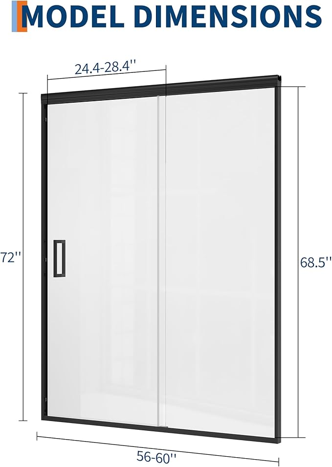 Fully Framed Sliding Shower Door, Adjustable 56"-60" W x 72" H with 6mm (1/4") SGCC Tempered Glass, Matte Black Aluminum Alloy Frame, Stainless Steel Handle, Reversible Installation
