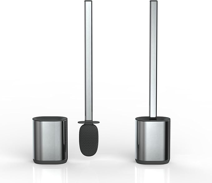 Silicone Toilet Brush Holder Set,TPR Toilet Bowl Brush with Long Stainless Steel Handle and Flexible Bristles,Deep Cleaning & No-Scratch Toilet Scrubber, Sleek Toilet Brush with Weighted Base (2, SS)