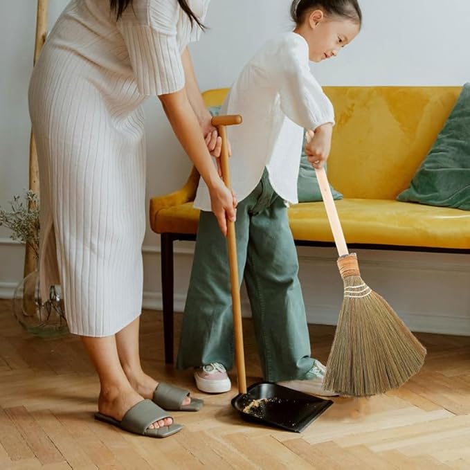 Natural Corn Whisk Broom with Detachable Handle 26.37In Lightweight Soft Bristle Sweeper for Indoor Outdoor Floor Cleaning Garage Garden