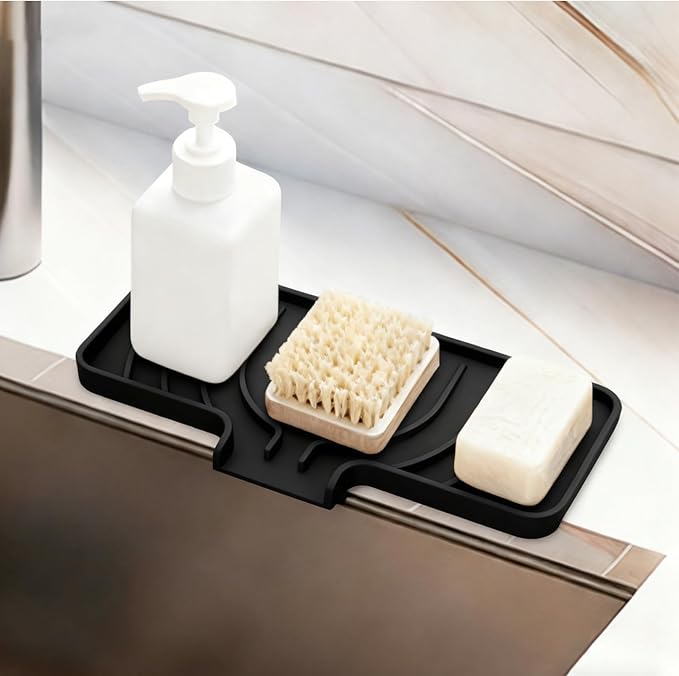 GUUKIN Sponge Holder for Kitchen Sink, Sink Caddy and Soap Tray | 10x5 inch Kitchen Sink Organizer | Compatible with Scrub Daddy, Kitchen Sink Accessories (Black)