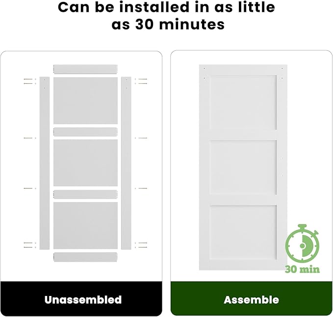 SmartStandard 30in x 84in Sliding Barn Door with 5FT Barn Door Hardware Track Kit & Handle, Waterproof PVC Surface, Pre-Drilled Holes Easy to Assemble, White, Solid, MDF, 3 Panel