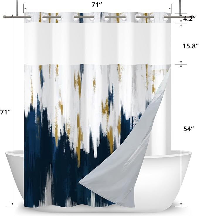 No Hook Shower Curtain with Snap in Liner, Hotel Style Navy Blue White Gold Brush Strokes Art Modern Shower Curtain Waterpoof Washable with See Through Top Window,71"x71"