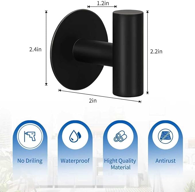 4 Pack Adhesive Hooks, Heavy Duty Adhesive Wall Hooks, Waterproof Stainless Steel for Bedroom Kitchen Hotel Office(4 Pack, Matte Black)