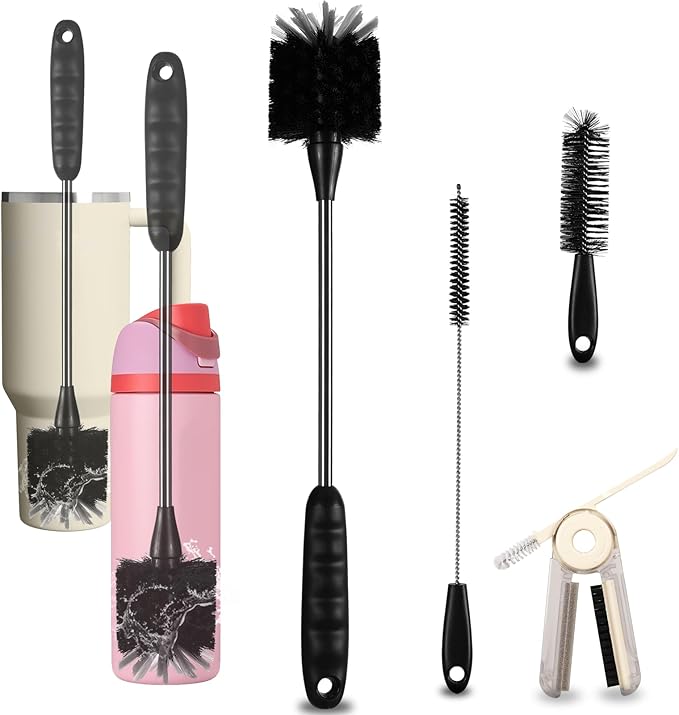 Bottle Brush Set 4 Pack - 15 Inch Long Handle Bottle Brush Cleaner with Stainless Steel Shaft, Straw Cleaner Brush and Lid Brush for Bottles, Thermos, Glasswares, Mugs, Cups, Tumblers