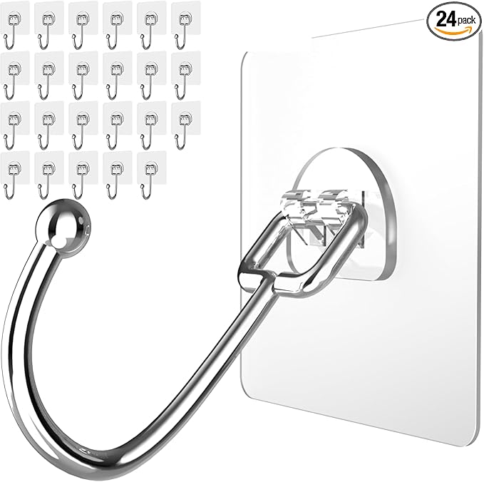 Large Adhesive Hooks 24-Pack, Heavy Duty 44lb(Max) Wall Hooks for Bathroom, Outdoor, Strong Self-Adhesive Towel & Coat Hooks, Waterproof Transparent Utility Hooks for Home Improvement