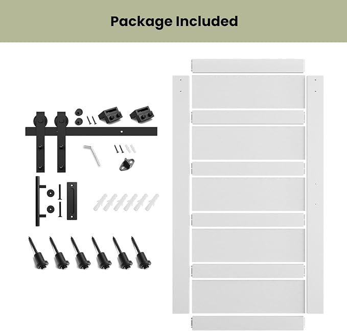 SmartStandard 48in x 84in Sliding Barn Door with 8FT Barn Door Hardware Track Kit & Handle, Waterproof PVC Surface, Pre-Drilled Holes Easy to Assemble, Solid, MDF, White, 5-Panel