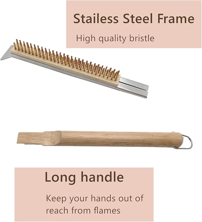 21 Inch Pizza Oven Brush with Scraper, Brass Bristles, Outdoor BBQ Grill Cleaning Brush Copper Wire Pizza Stone with 1 Screwdriver Outdoor Oven Accessories