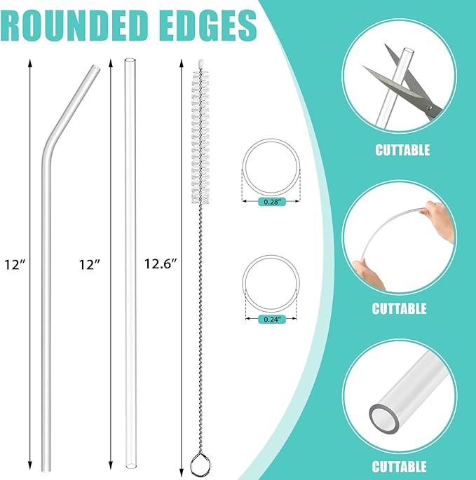 12 Pack Reusable Straws Compatible with Stanley/Yeti 30oz-40oz Cup Tumbler, 12" Long Plastic Clear Bend Replacement Straws with Cleaning Brush for Smoothies, Milkshakes, Dishwasher safe