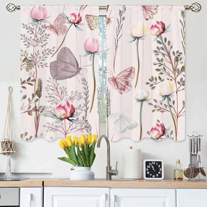 Pink Floral Kitchen Curtains Pretty Elegant Peony Rose Lovely Butterfly Short Tier Curtains for Bathroom Cafe Small Window Drapes Treatment 2 Panels (27.5x39 Inch)