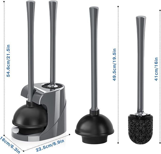 Toilet Plunger and Brush with Holder, Bowl Brush and Heavy Duty Toilet Plunger Set for 5.7-inch Toilet Drain, 2-in-1 Bathroom Cleaning Combo with Modern Caddy Stand (Grey)