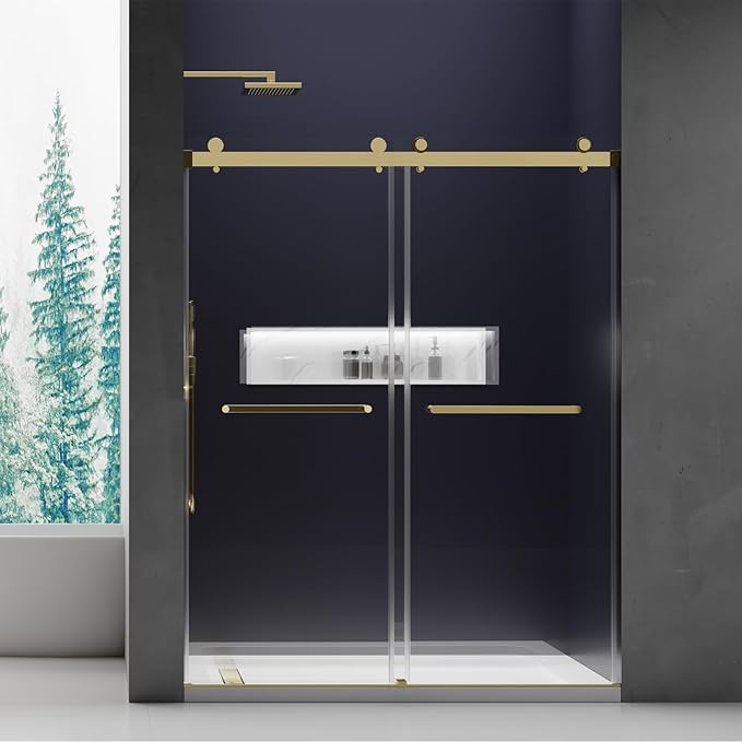 56-60 in. W x 76 in. H Double Sliding Frameless Shower Door, 5/16" (8mm) Tempered Glass with Double Nano Coating, Easy-to-Clean Bathroom Glass Door （Brushed Gold）