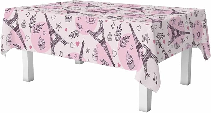 Paris Eiffel Tower Table Cover 52x70 Love Heart Coffee Cake Pink Table Cloth Rectangle Table for Banquet Party Decorative Outdoor Picnic Dining Kitchen Table Cover