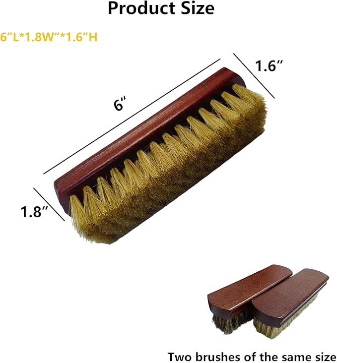 Shoe Cleaning Brush Set of 2 Brushes with Horsehair and Boar Bristles, 6" Concaved Handle for Premium Grip, Wooden Sneaker Brush for Leather, Boot, Canvas, Textile, Bags and Accessories