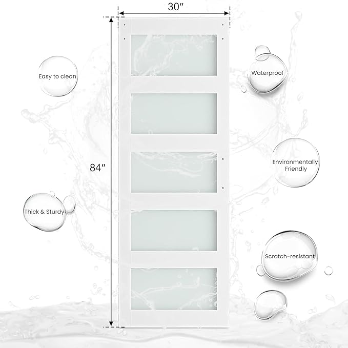 SMARTSTANDARD 30" x 84" Glass Barn Door with 5FT Hardware Kit Included, 5-Panel Glass, DIY Assembly Required, Waterproof PVC Coating, Pure White