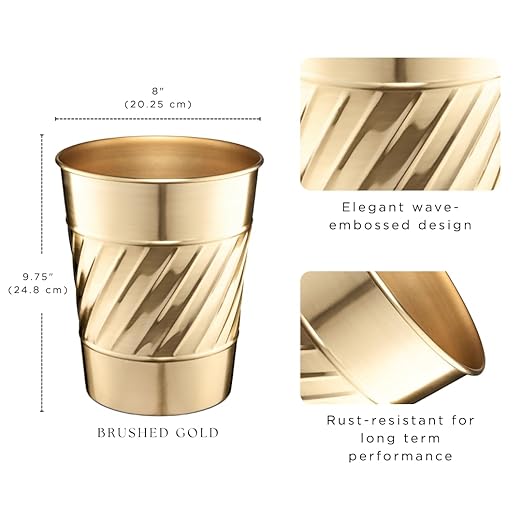 Monarch Abode Metal Bathroom Trash Can – Waste Basket for Bedroom, Office Desk, & Dorm, Handcrafted Wave Embossed, Durable Decorative Brushed Gold Small Trash Can Bathroom Garbage Bin Wastebasket
