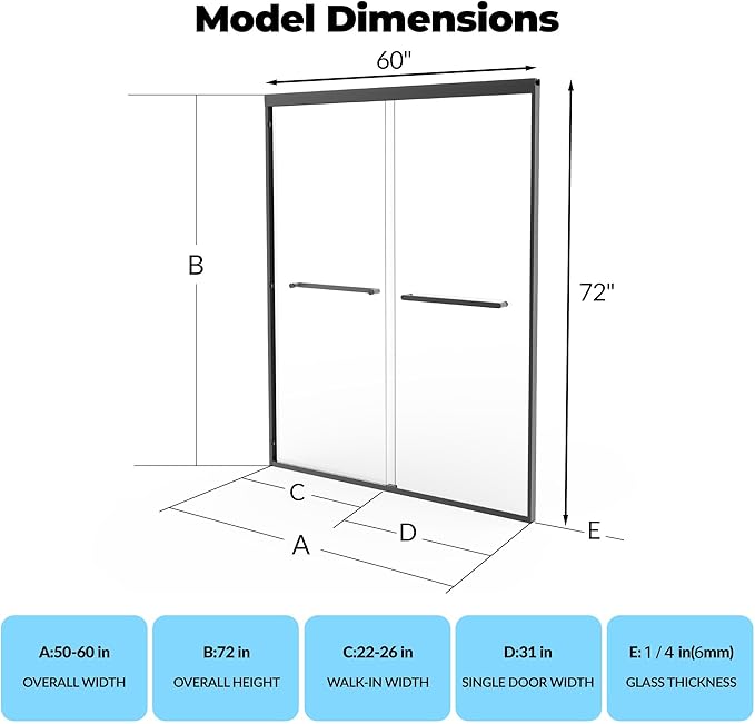 Sliding Shower Door, Fully Framed Aluminum Alloy 50"-60" x 72" Adjustable with 6mm Tempered Glass Panels, Matte Black Square Track, Space-Saving Bypass Design