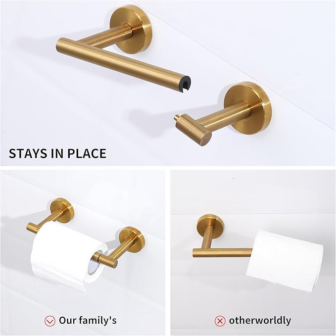 Brushed Gold Toilet Paper Holder Set, Stainless Steel Towel Ring, Double Post Pivoting Toilet Paper Holder and Hand Towel Holder Set for Bathroom