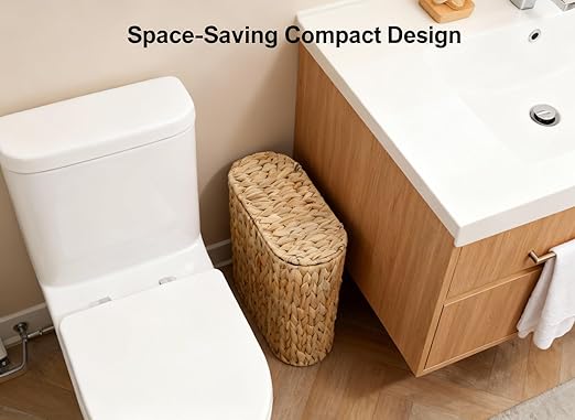 Wicker Bathroom Trash Can with Lid,Narrow Rattan Waste Basket with Removable Liner Bucket,Slim Woven Water Hyacinth Garbage Can for Bedroom,Office,Small Spaces,3 Gallon