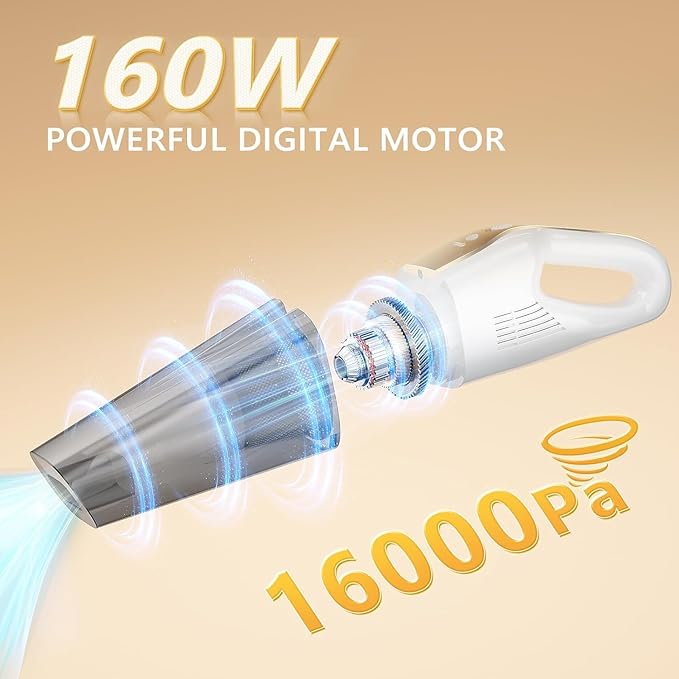 Handheld Vacuum Cordless, 16000Pa 160W Handheld Car Cordless Vacuum Cleaner with LED Screen,30Min Powerful Hand Vacuum Cordless Rechargeable Lightweight Car Vacuum Cleaner High Power