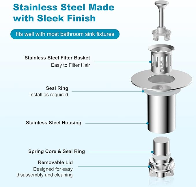 Universal Bathroom Sink Drain Strainer Hair Catcher Upgraded with Visible Top Stainless Basket, 3 in 1 Pop Up Sink Stopper for 1.1''~2.36'' Sink Basin Hole, Chrome
