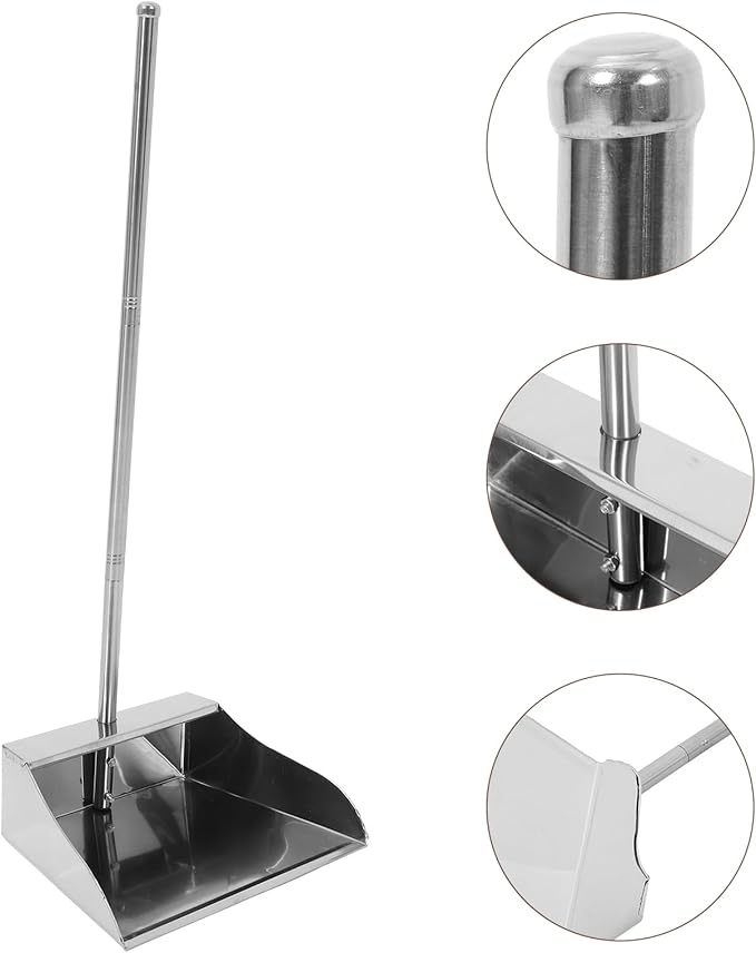 Lurrose Stainless Steel Dustpan with Long Handle Upright Garbage Shovel for Home Cleaning Large Capacity Ergonomic Design