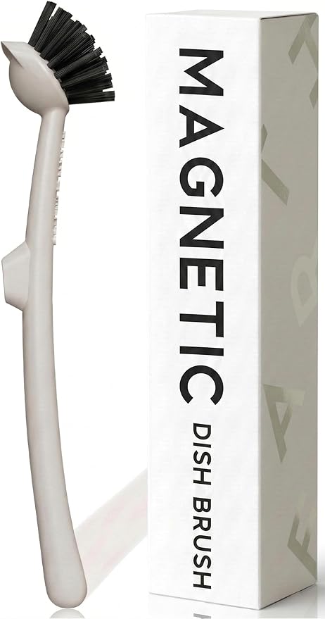 Earth & Mango Magnetic Dish Brush with Scraper – Snaps to Sink – Warm Sand Beige