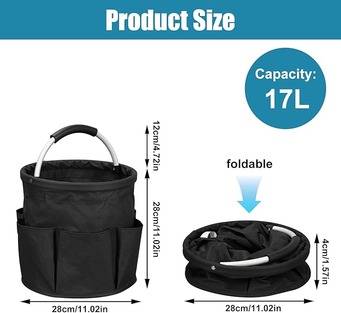 17L Portable Cleaning Bucket Organiser, 6 Pockets Foldable Cleaning Caddy with Handle Wearable Cleaning Caddy Bag for Outdoor Camping Garden Harvest Basket Home Bathroom Storage (Black)