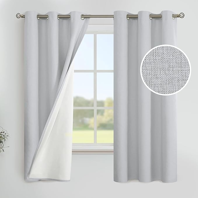 YoungsTex Linen 100% Blackout Curtains 63 Inches Long 2 Panels, Thermal Insulated Black Out Drapes with Grommet Full Room Darkening Blinds for Bedroom Living Room, Light Grey, 42 X 63 Inch