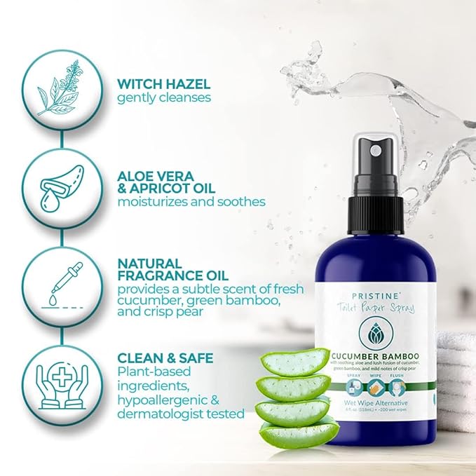 PRISTINE Toilet Paper Spray, As Seen on Shark Tank, More Natural Personal Cleansing Wipes & Flushable Wet Wipes Alternative, Spray Toilet Paper to Create Flushable Wipe, Cucumber Bamboo, 4 fl oz