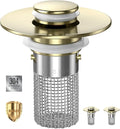 Sink Stopper Hair Catcher, Pop-up Sink Drain Strainer with Removable Stainless Steel Strainer Basket Hair Catcher, Bathroom Sink Strainer for Bathroom Sink Stopper Replacement(Brushed Gold-2PCS)