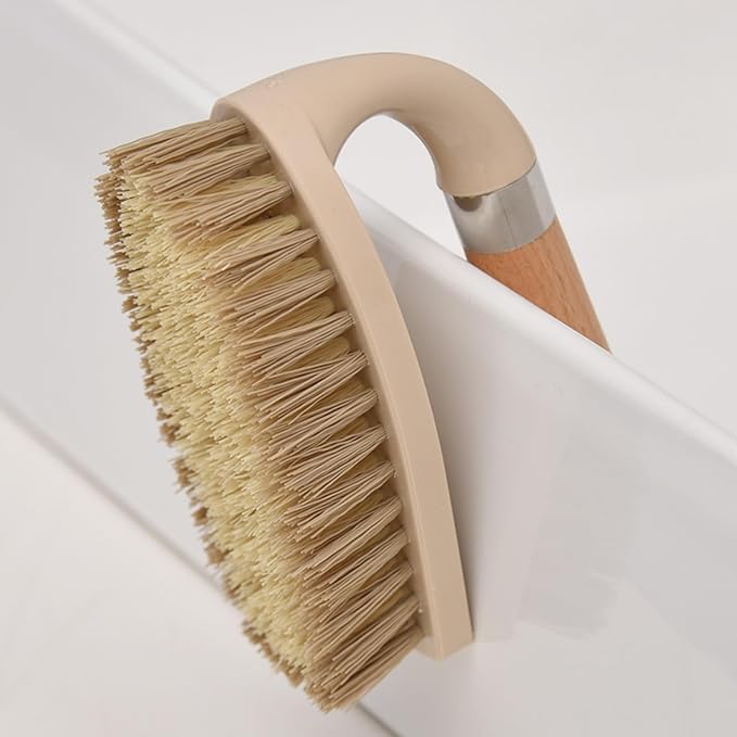 Stiff Bristle Brush, Powerful Cleaning Brush with Wooden Handle for Comfortable Grip. Ideal for Bathrooms, Tiles, Sinks, Carpets, Pools, Garages, and Floor Cleaning. (Gray)